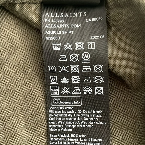 AllSaints Men’s Azur Shirt Button Down Size XS Military Green - Picture 8 of 8